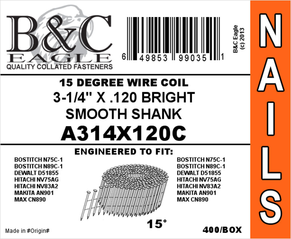B and C Eagle (400) 3 x .120 Wire Collated Smooth Bright Coil Framing Nails - Flockneti