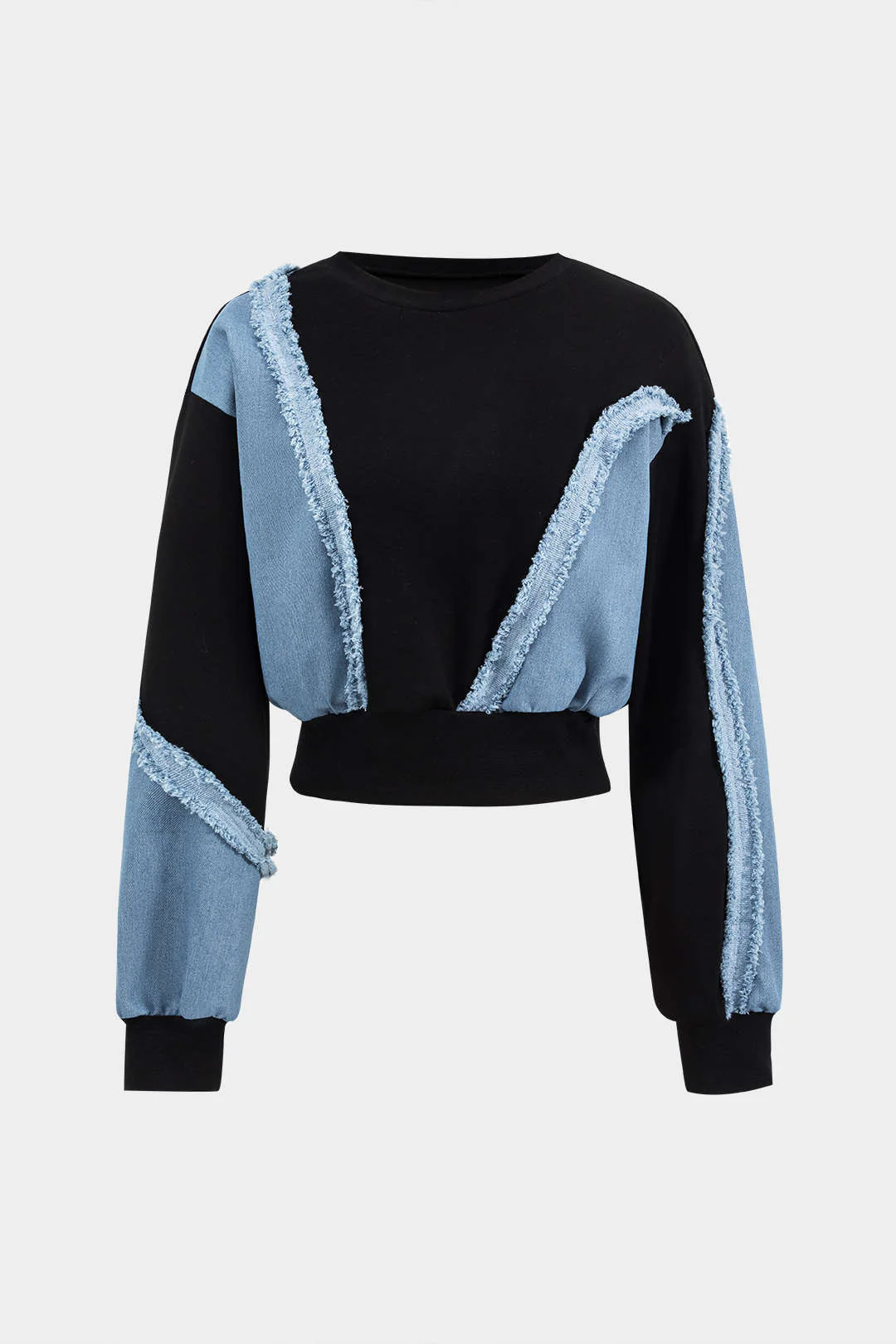 Denim Patchwork Long Sleeve Top And Wide Leg Trousers Set - Flockneti