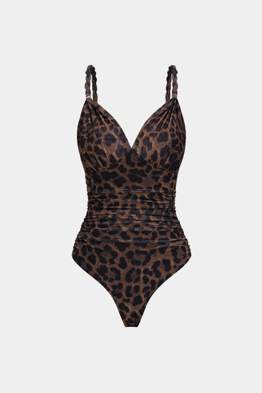 Leopard Print Mesh  V-Neck Ruched Twist Knot Slip Sleeveless Bodysuit - Flockneti