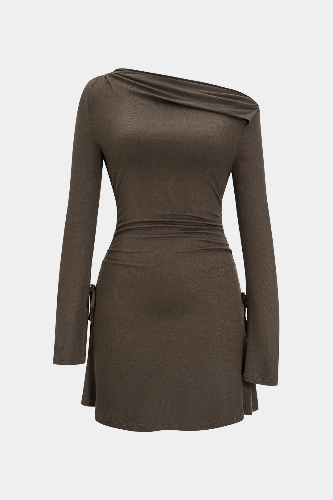 Off Shoulder Ruched Drawstring Long Sleeve Mini Dress - Flockneti