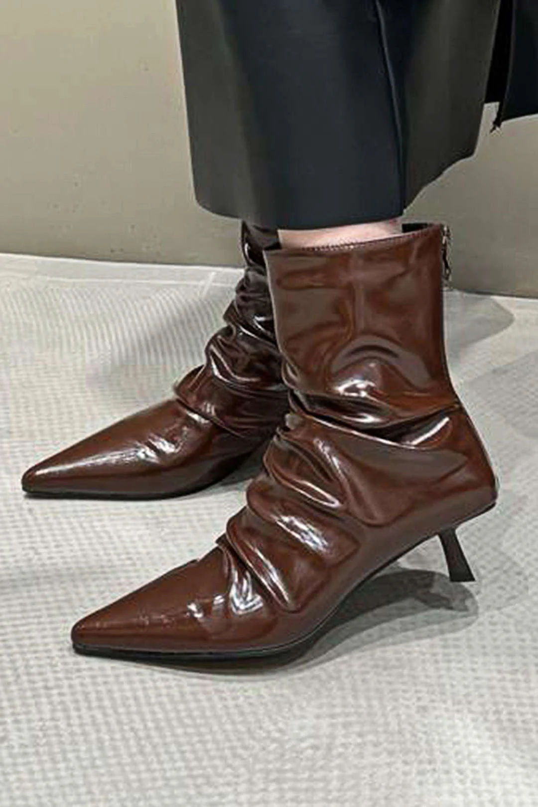 Wrinkled Faux Leather Pointed Ankle Boots - Flockneti