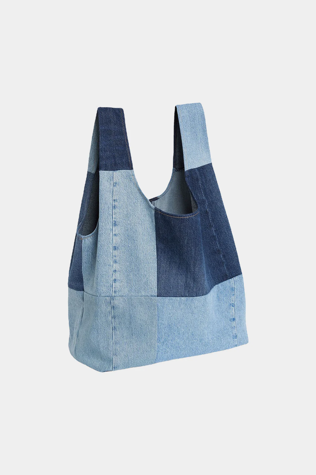 Denim Color-Block Washed Tote Bag - Flockneti