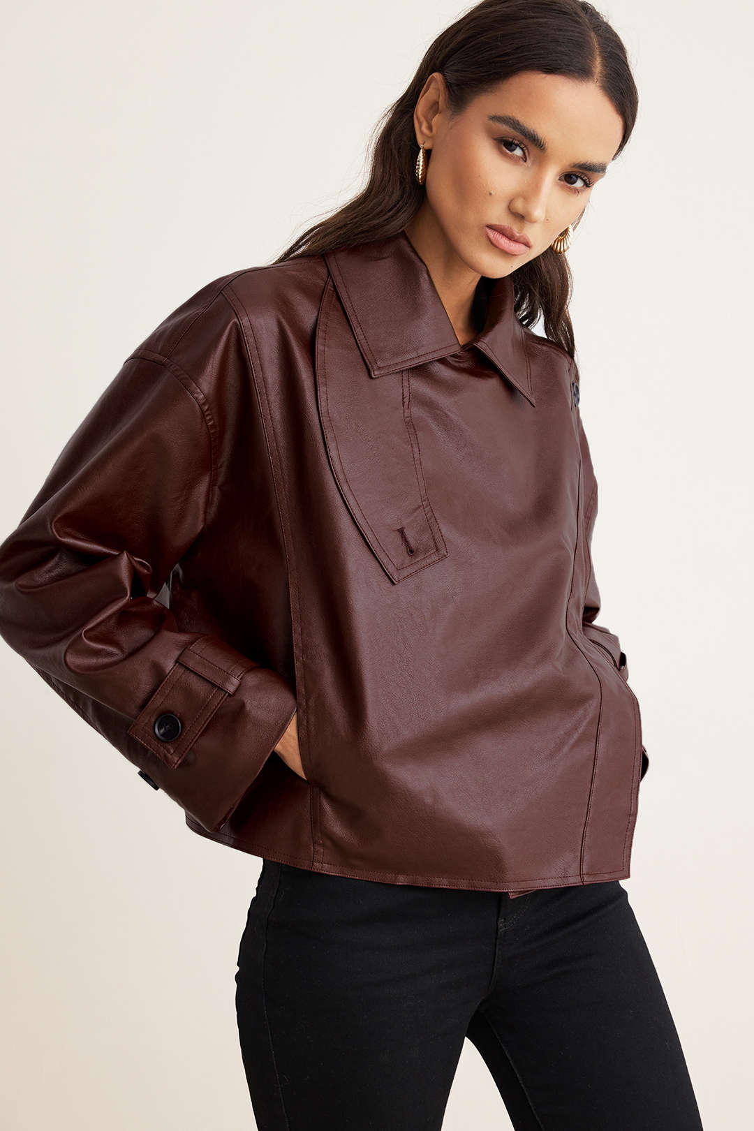 Faux Leather Asymmetrical Cropped Jacket - Flockneti