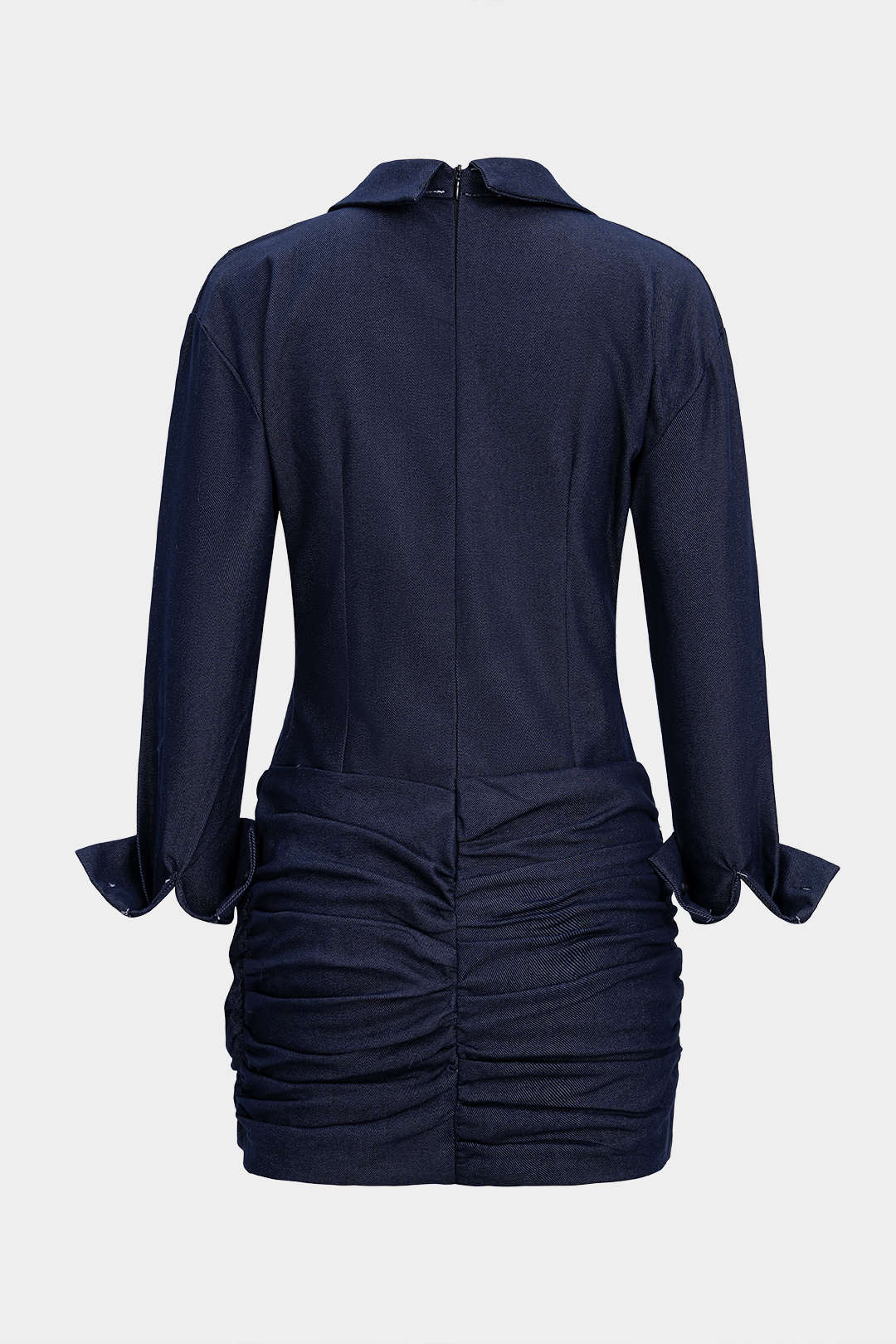 Denim Ruched Asymmetrical Long Sleeve Dress - Flockneti