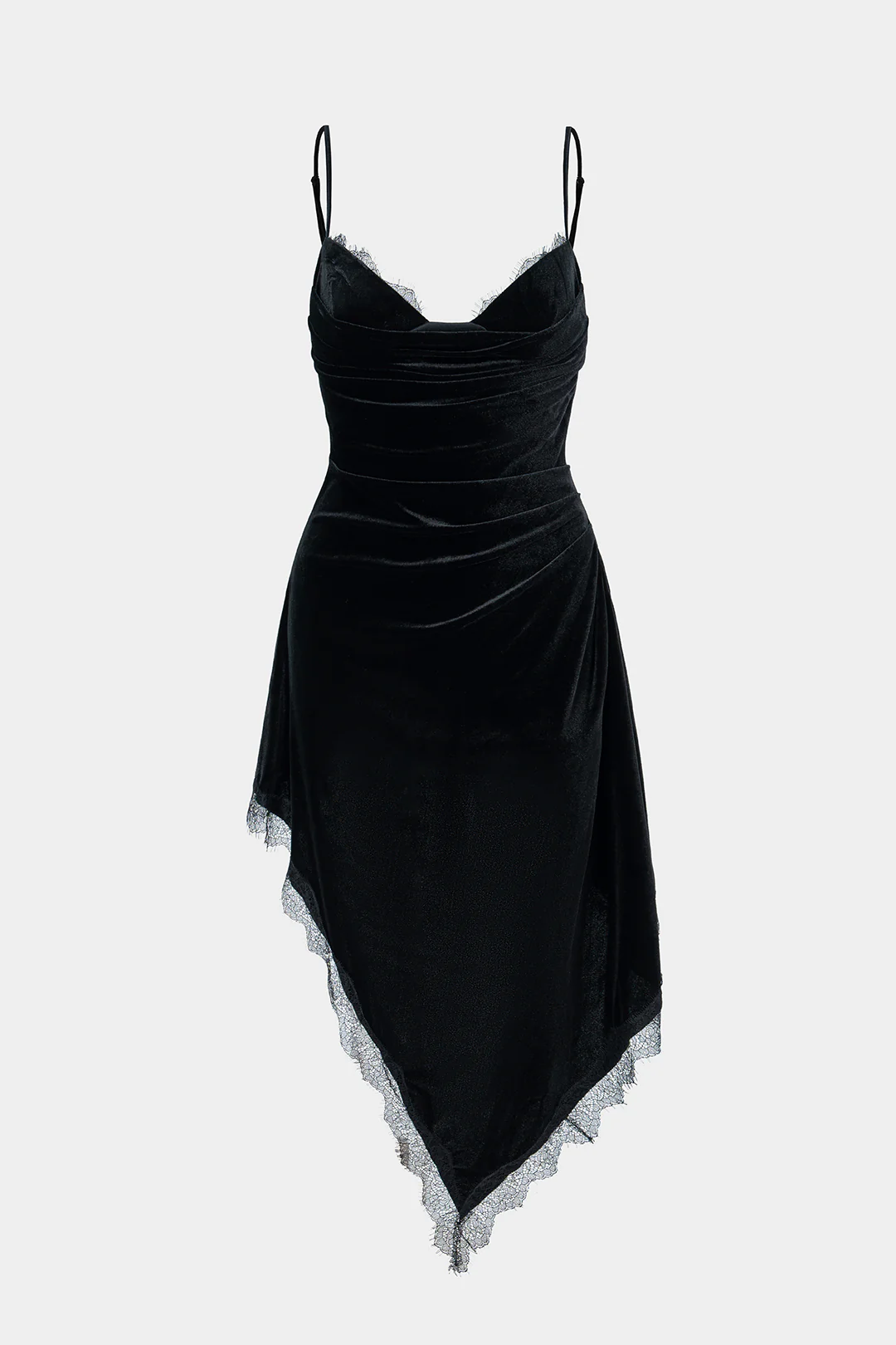 Velvet Patchwork Lace Trim Ruched Asymmetrical Sleeveless Mini Dress - Flockneti