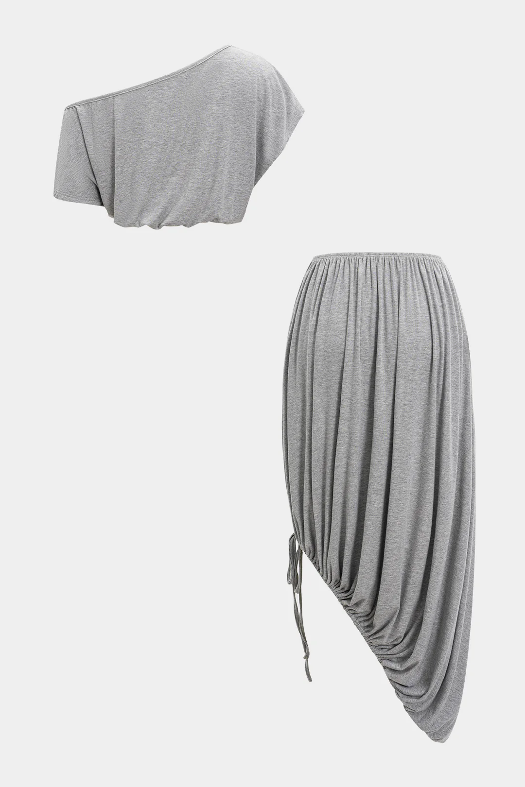 Ruched Asymmetrical Neck Short-Sleeve Top And Drawstring Skirt Set - Flockneti