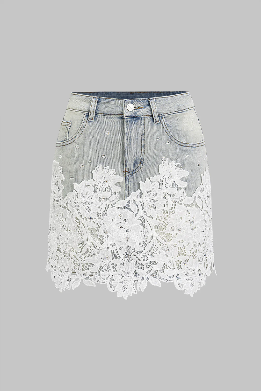 Denim High Waist Lace Patchwork Skirt - Flockneti
