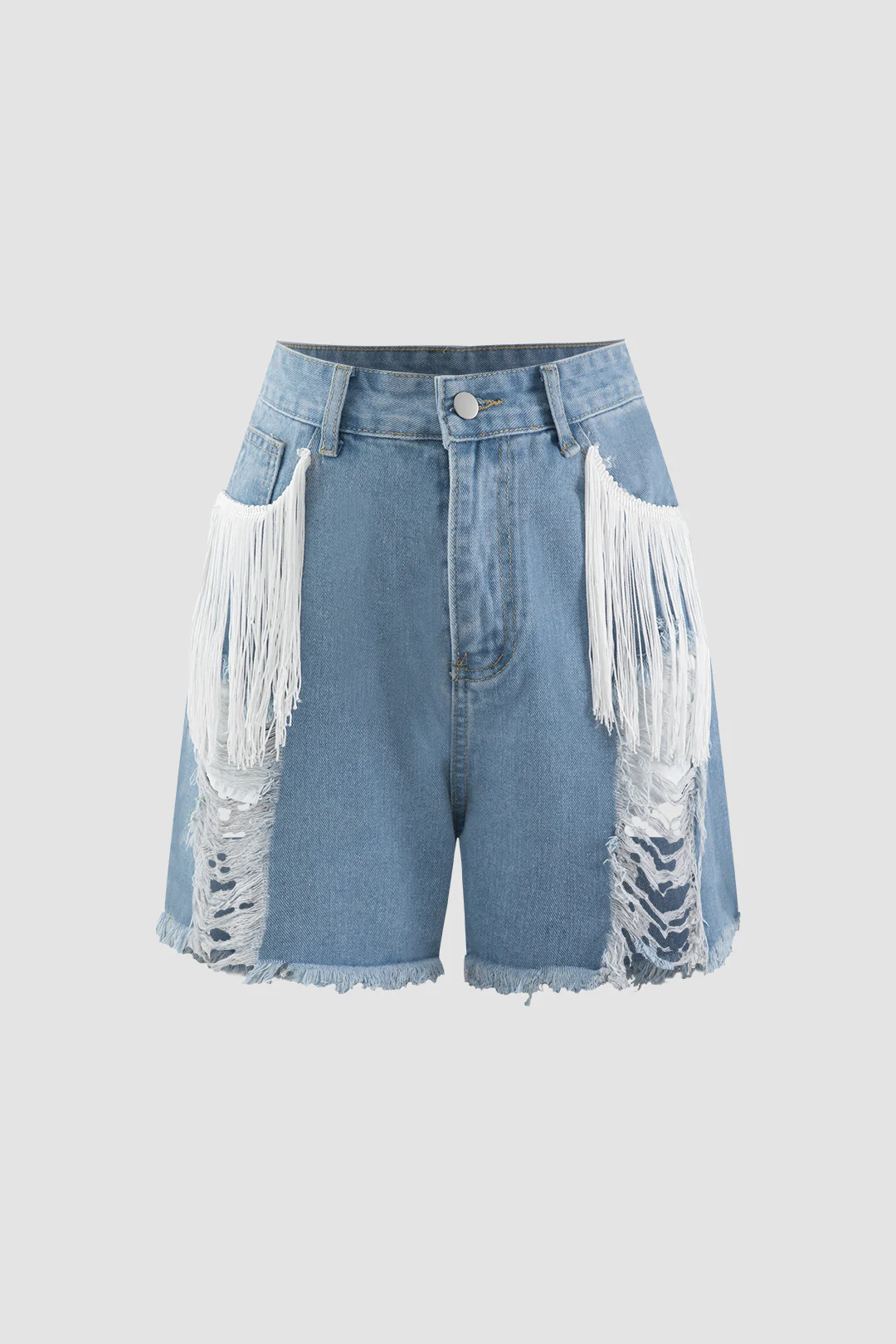 Denim Fringe Ripped Shorts - Flockneti