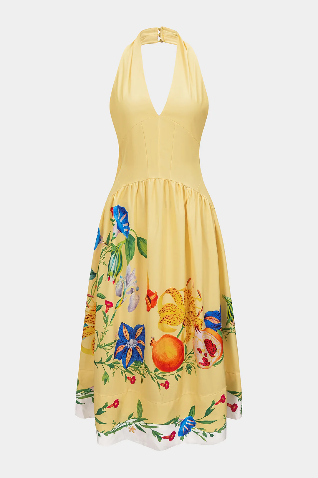 Floral Print Linen Patchwork Halter V-Neck Backless Sleeveless Maxi Dress - Flockneti