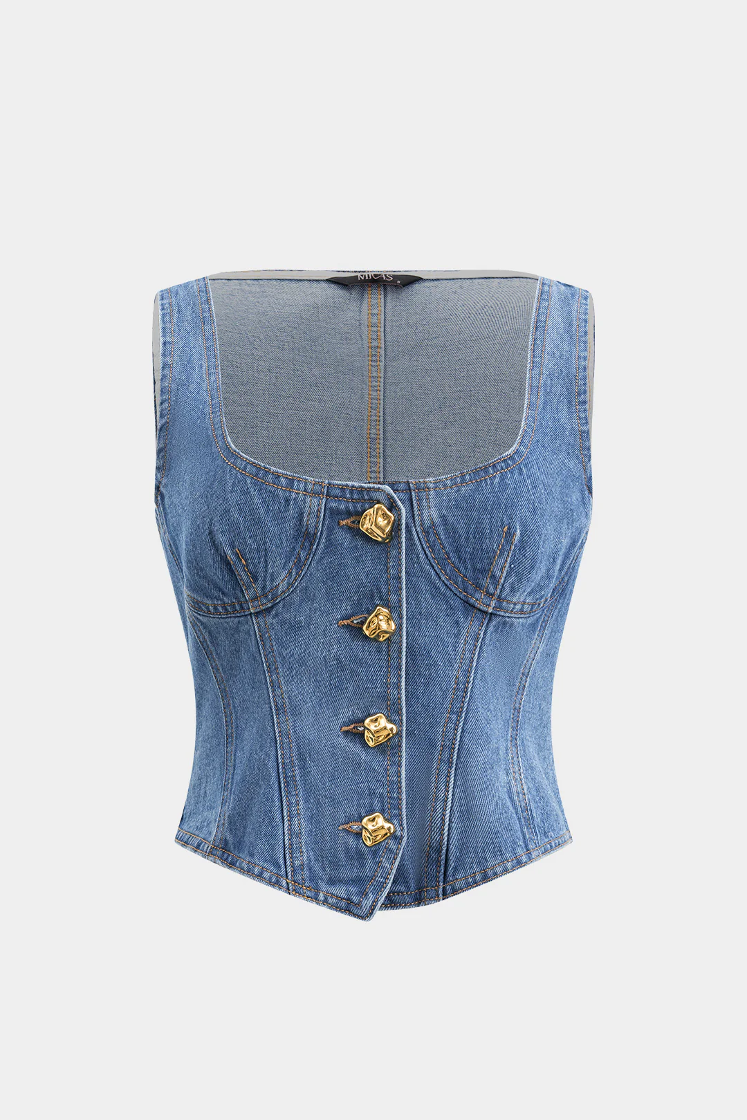Denim Button Bustier Square Neck Crop Top - Flockneti