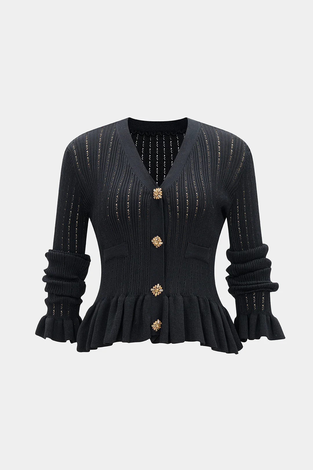 Knit Ruffle V-Neck Metallic Button Cardigan - Flockneti