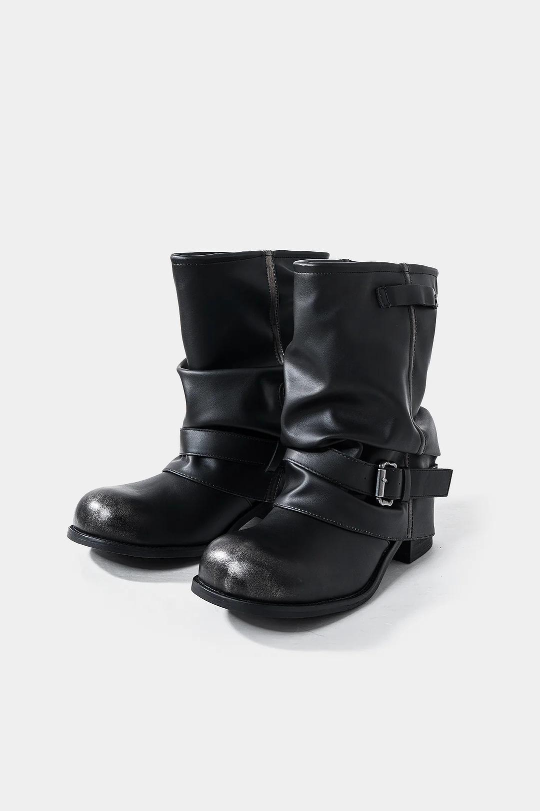 Leather Round Toe Belted Boots - Flockneti
