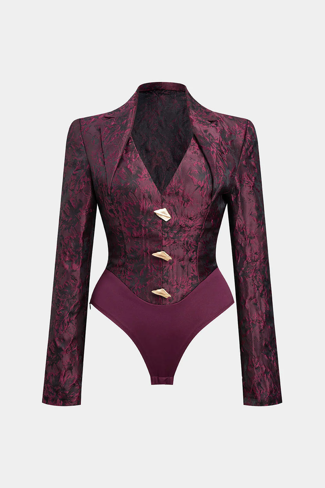 Floral Print Jacquard Notched Lapel Long Sleeve Bodysuit - Flockneti