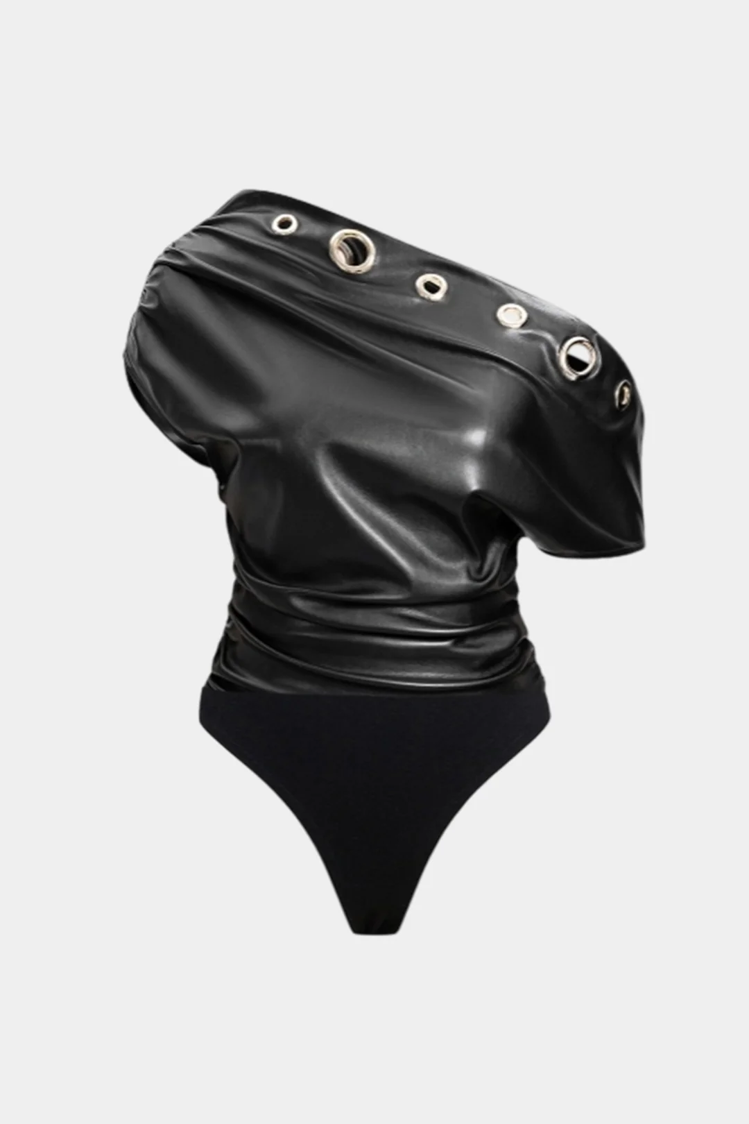 Faux Leather Patchwork Eyelet Decor Asymmetrical One Shoulder Bodysuit - Flockneti
