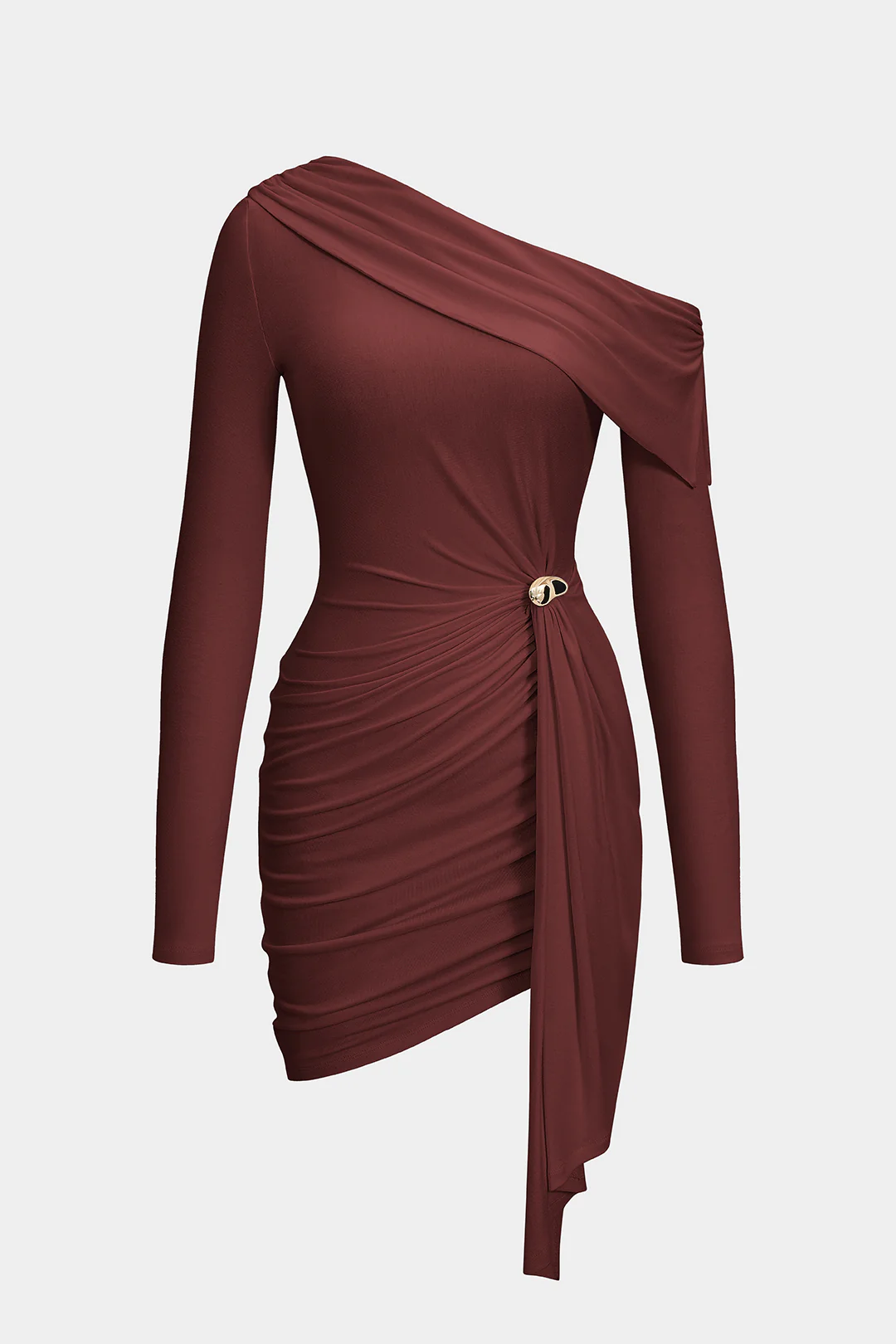 Metallic Ruched One Shoulder Long Sleeve Midi Dress - Flockneti