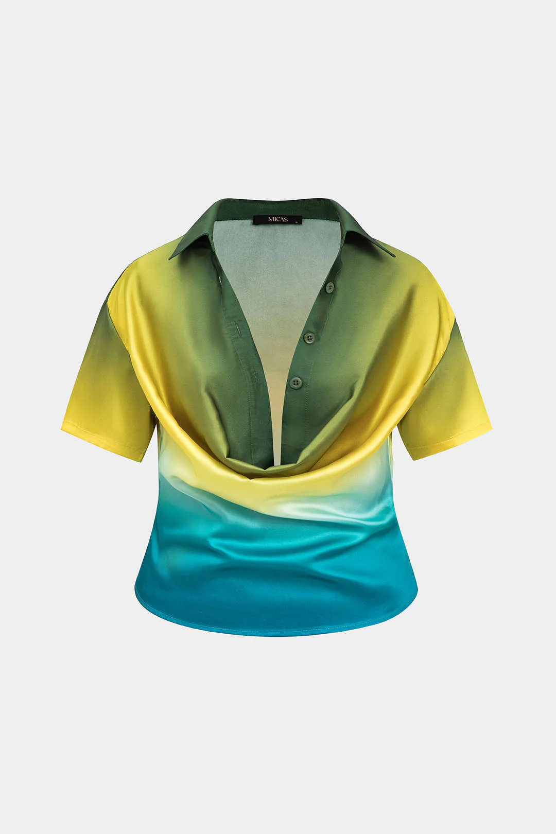 Plus Size Ombre Print Satin Button Short-Sleeve Shirt - Flockneti