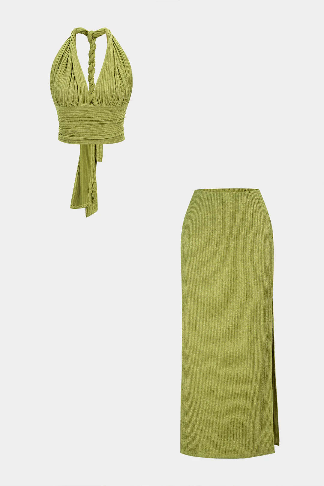 Twist Knot V-Neck Backless Sleeveless Top And Split Skirt Set - Flockneti