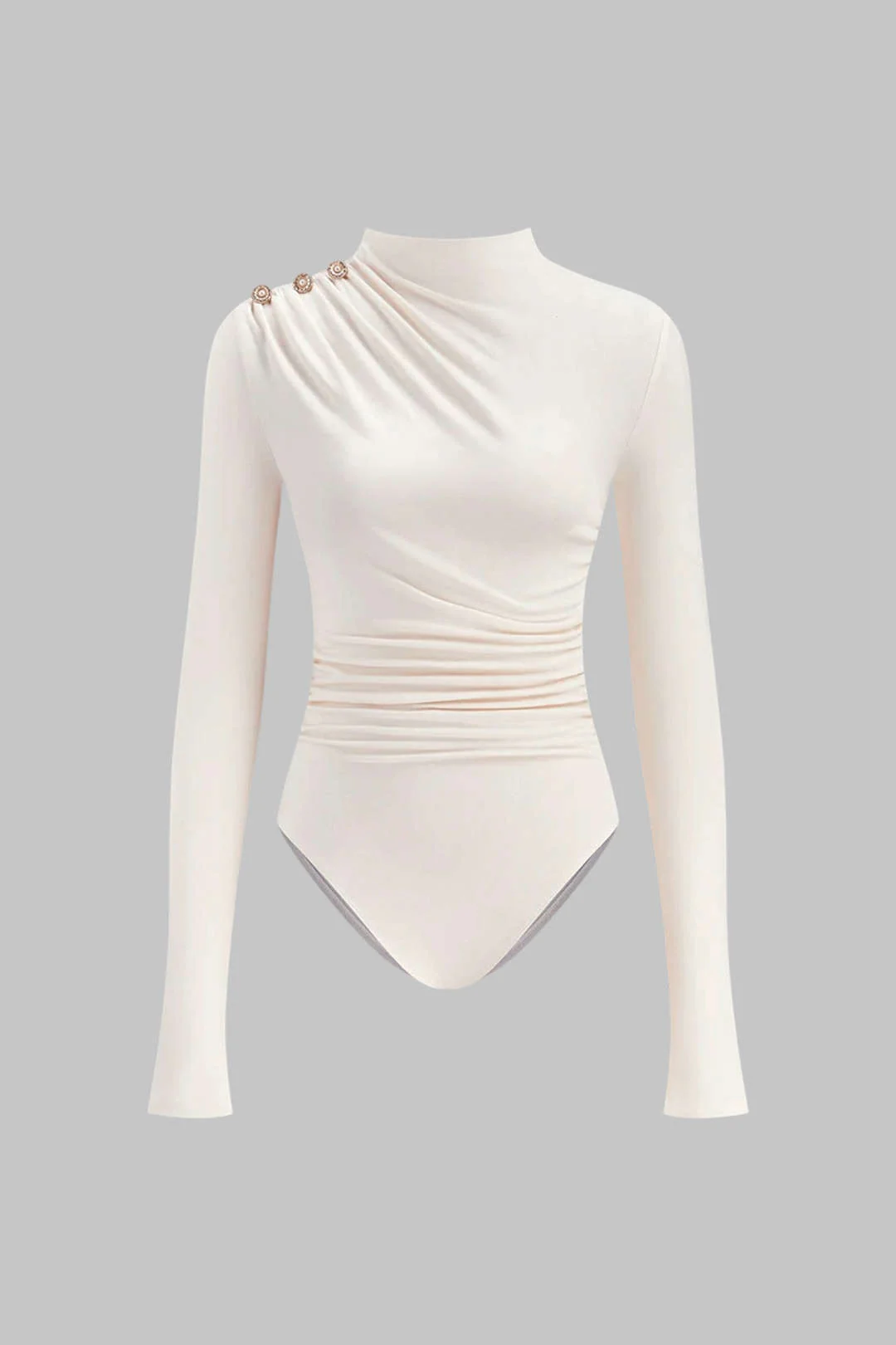 Asymmetrical Button Ruched Long Sleeve Bodysuit - Flockneti