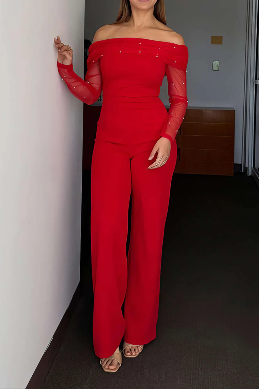 Pearl Decor Off-Shoulder Wide Leg Long Sleeve Jumpsuit - Flockneti