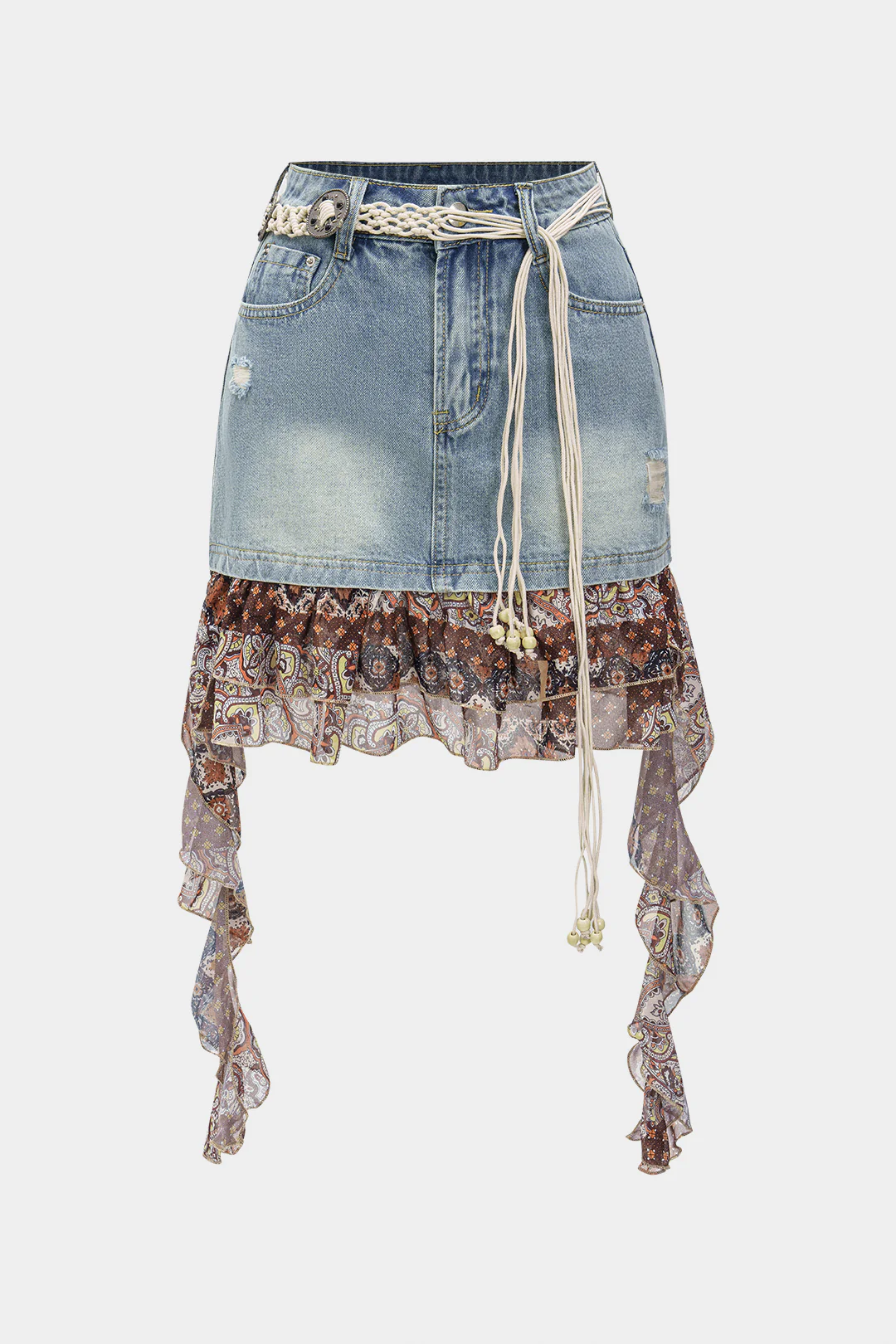 Denim Patchwork High Waist Skirt - Flockneti