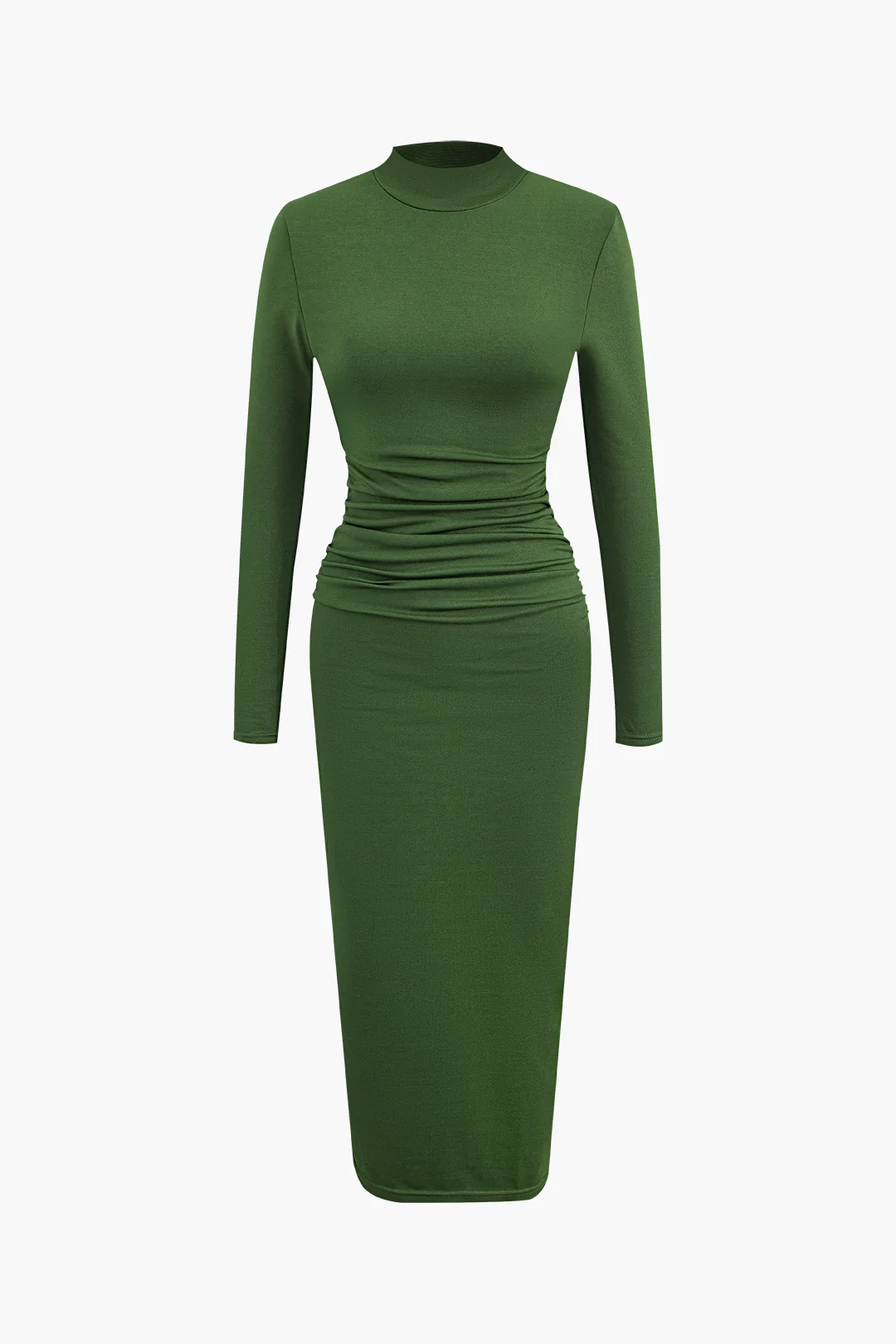 Round Neck Ruched Long Sleeve Midi Dress - Flockneti