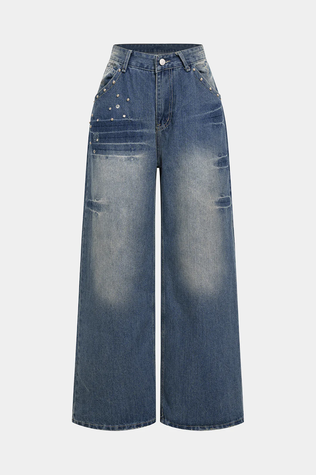 Denim Rivet Rhinestone Decor Straight Leg Jeans - Flockneti