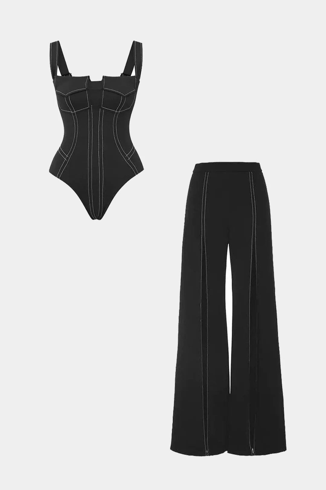 Stitching Bodysuit And Wide Leg Trousers Set - Flockneti