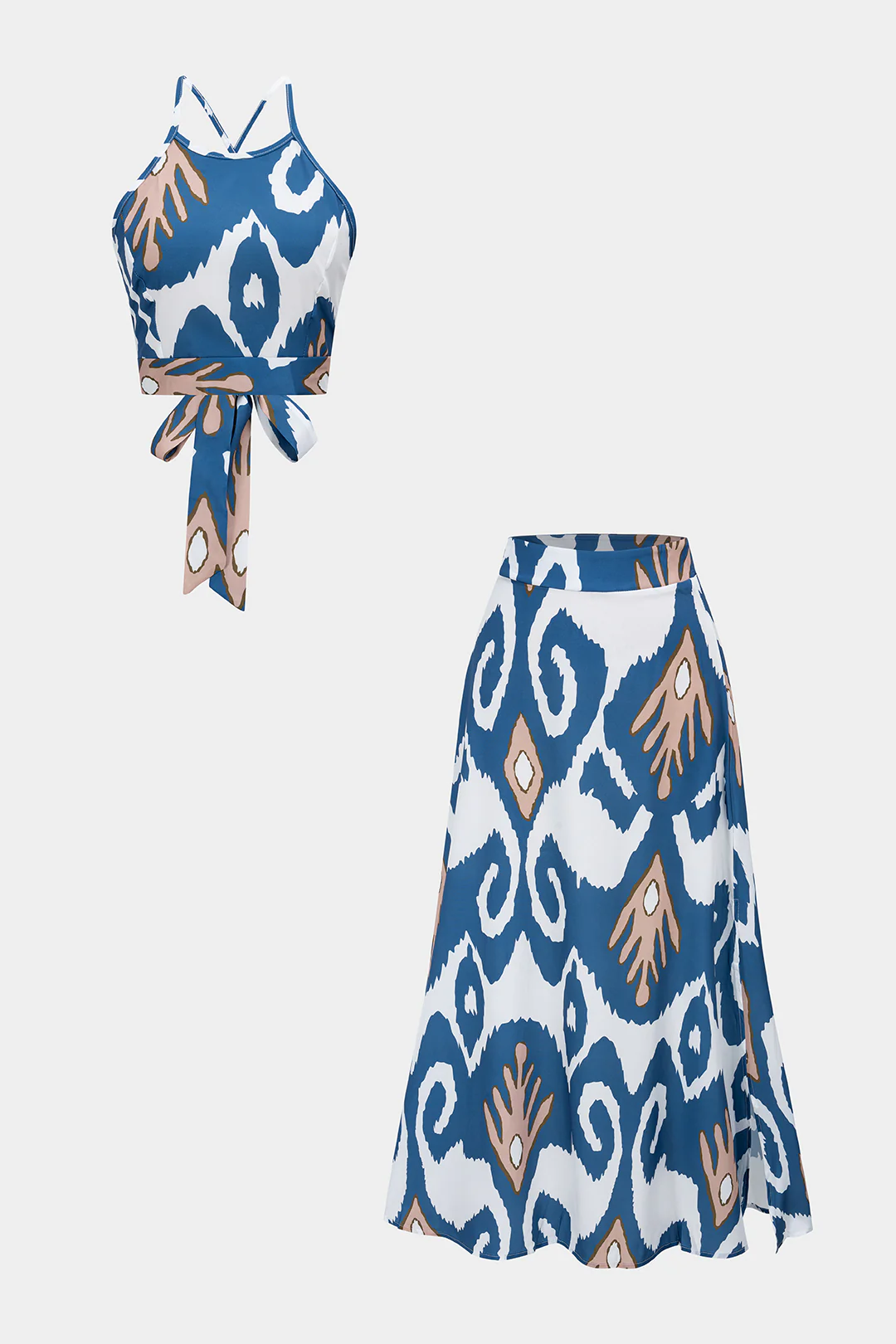 Abstract Print Satin Crossed Tie Back Cami Top And Skirt Set - Flockneti