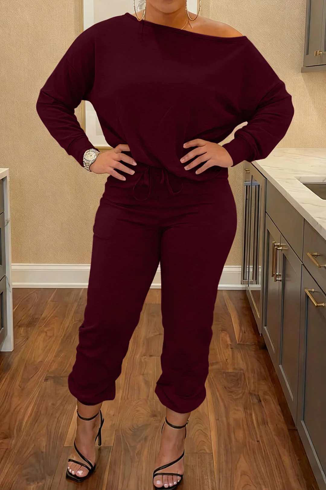 Plus Size Off-Shoulder Long-Sleeve Top And Drawstring Pants Set - Flockneti