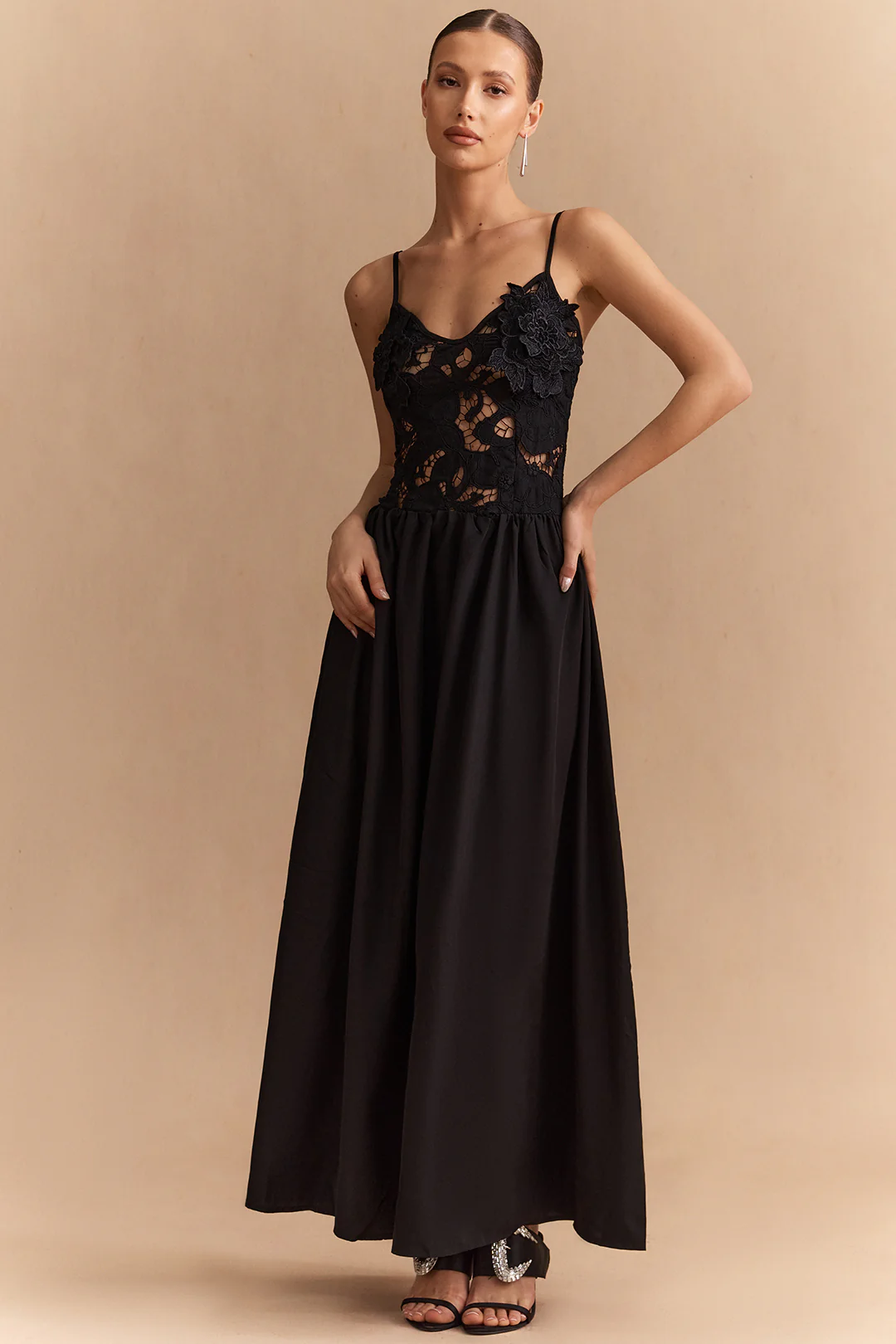 Patchwork Lace Hollow Out Slip Sleeveless Maxi Dress - Flockneti
