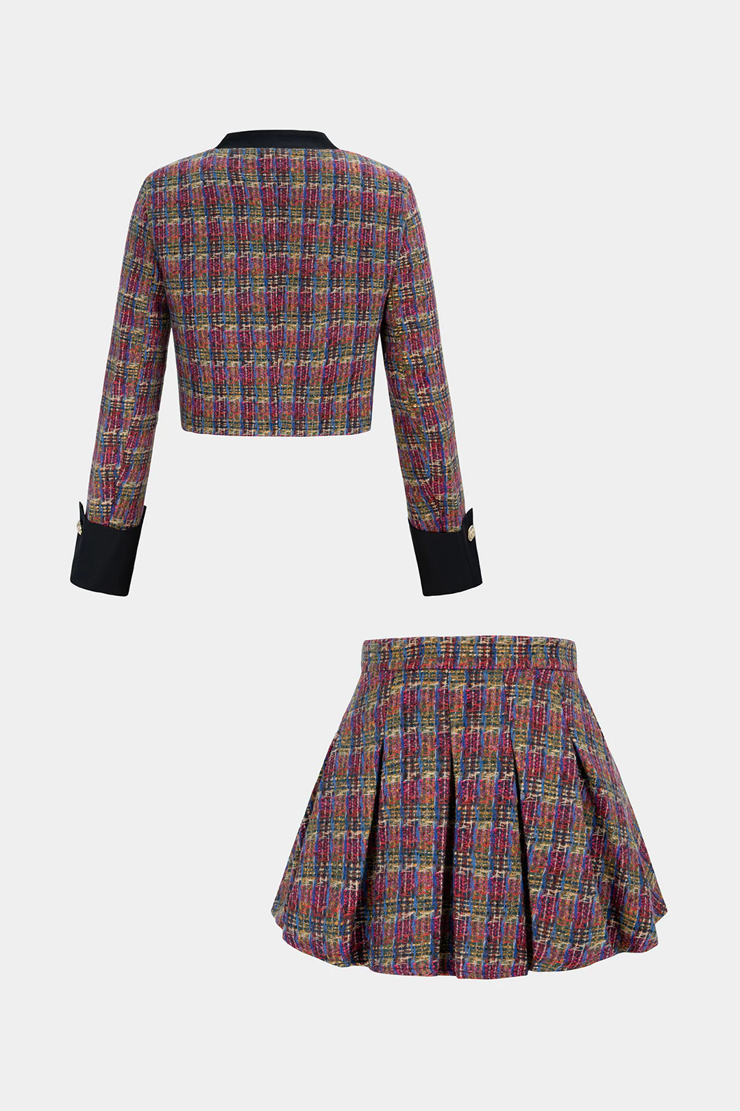 Tweed Patchwork Button Pockets Jacket And Pleated Mini Skirt Set - Flockneti