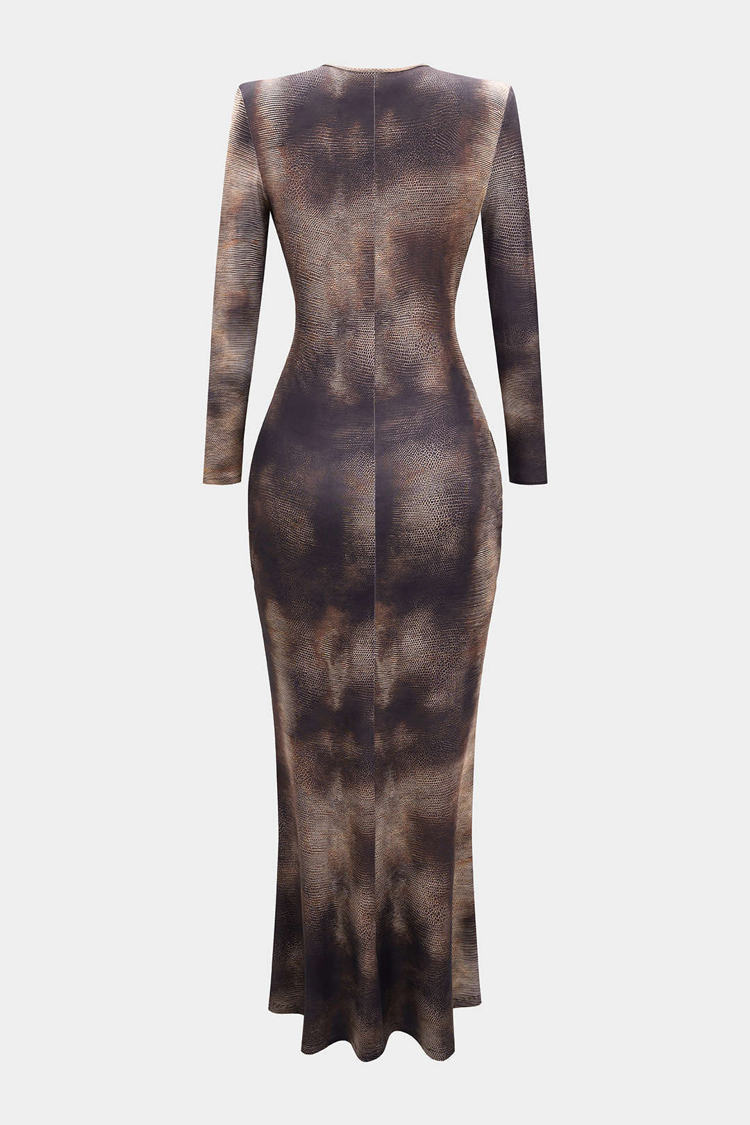 Snake Skin Print Mesh Ruched Fringe Trim V-Neck Long Sleeve Maxi Dress - Flockneti
