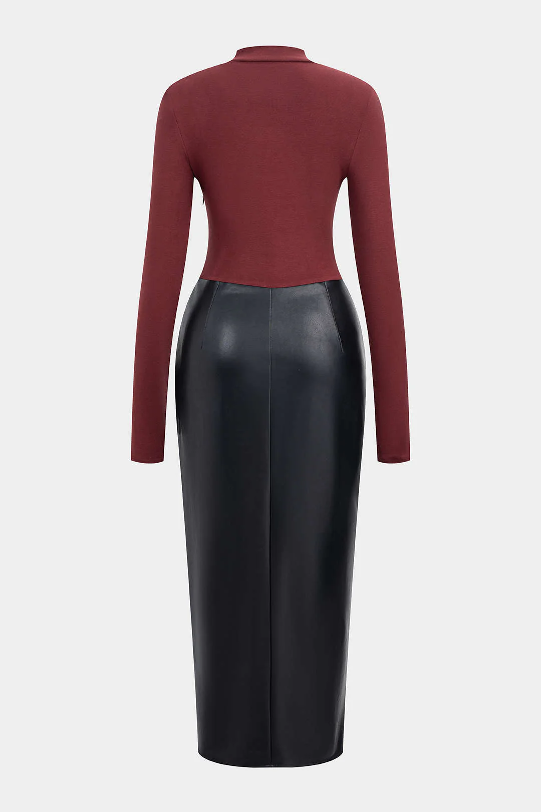 Faux Leather Patchwork Mock Neck Ruched Long Sleeve Midi Dress - Flockneti