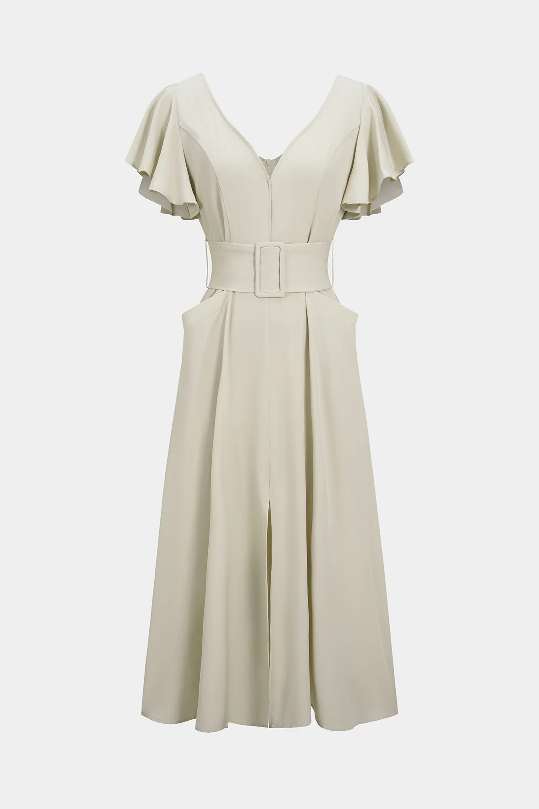 V-Neck Belted Pocket Ruffle Sleeve Slit Maxi Dress - Flockneti