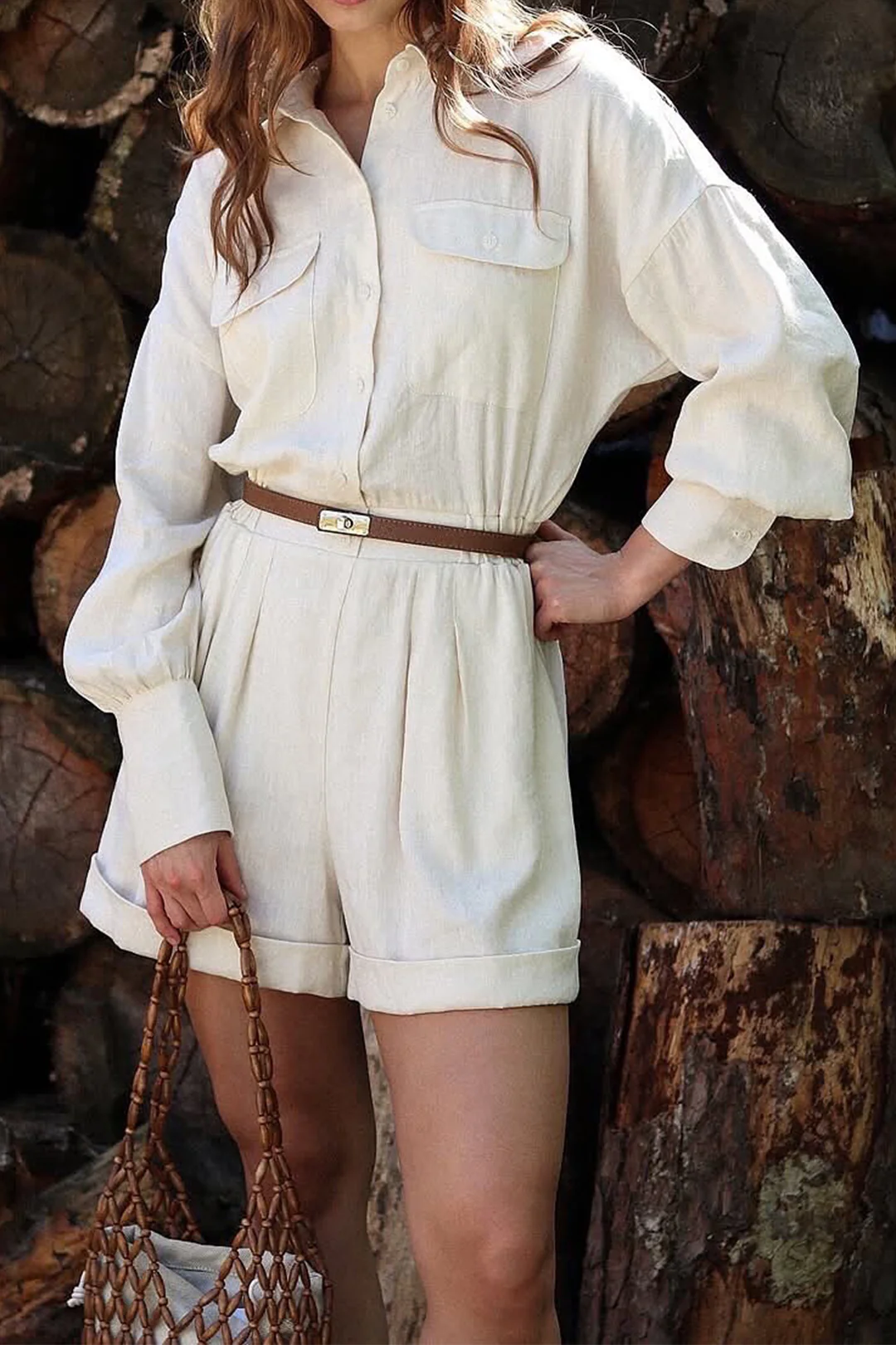 Solid Button Belted Ruched Long-Sleeve Romper - Flockneti