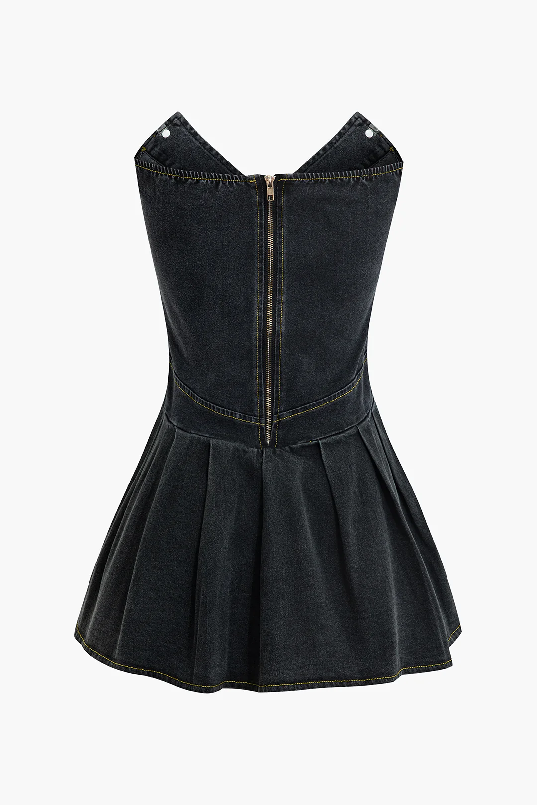 Denim V-Neck Ruched Zipper Strapless Dress - Flockneti