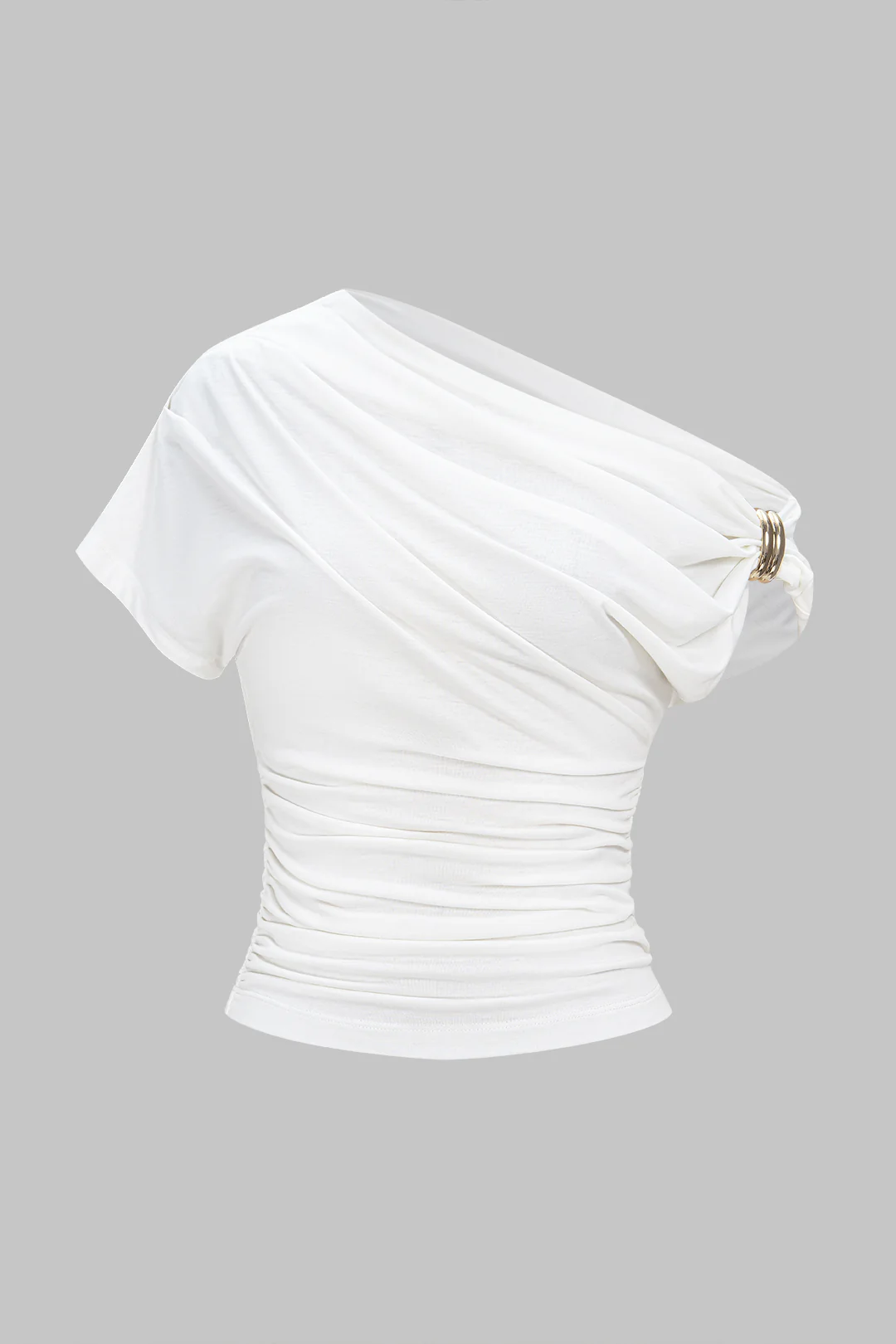 Metallic Decor One Shoulder Ruched Short Sleeve T-Shirt - Flockneti
