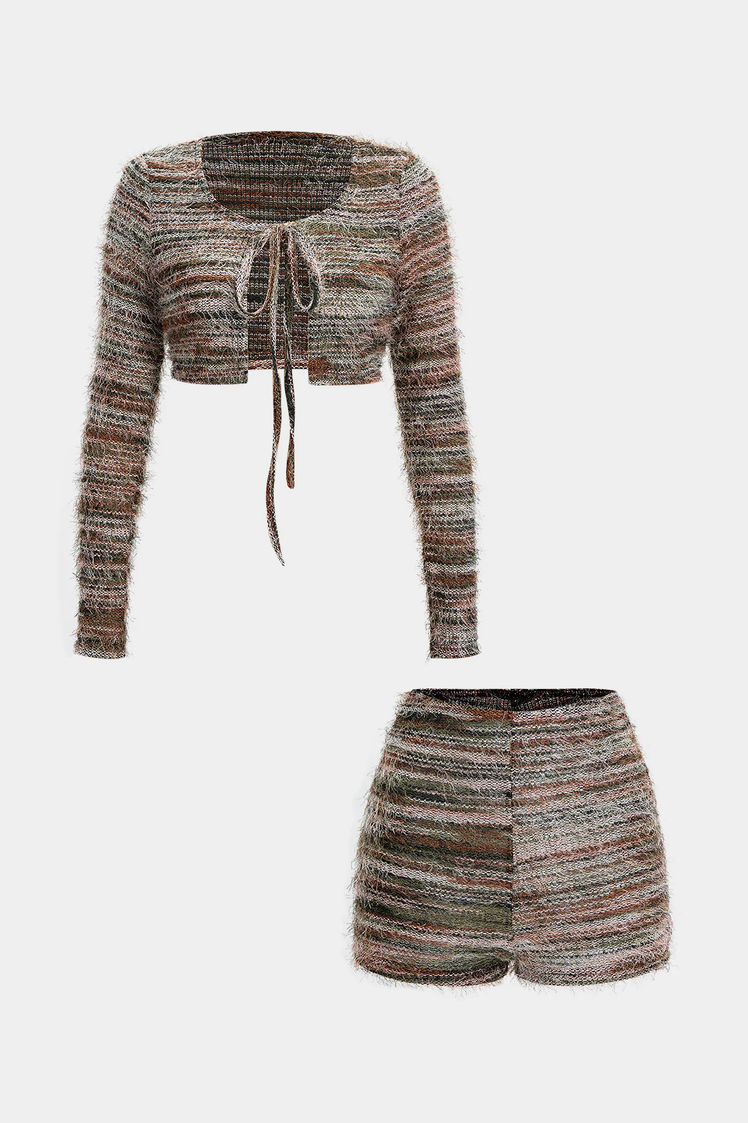 Fringe Strappy Cut Out Cropped Long-Sleeve Top And Shorts Set - Flockneti