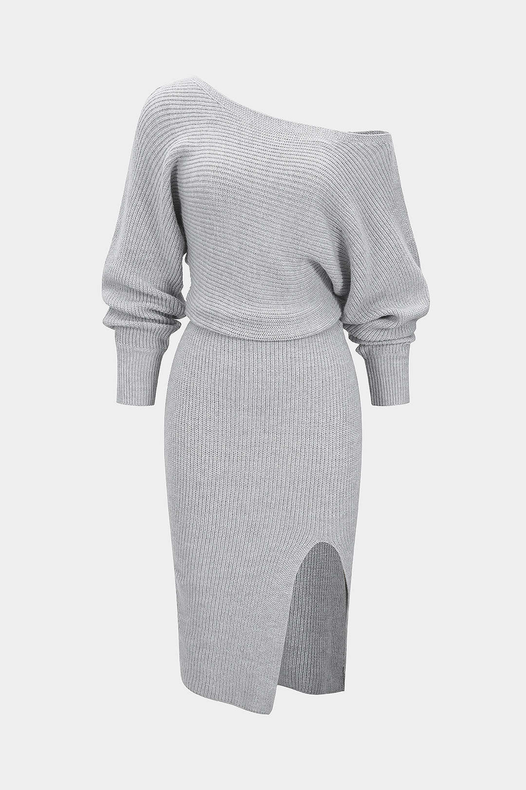 Knit Off-Shoulder Ribbed Side Slit Long Sleeve Dress - Flockneti