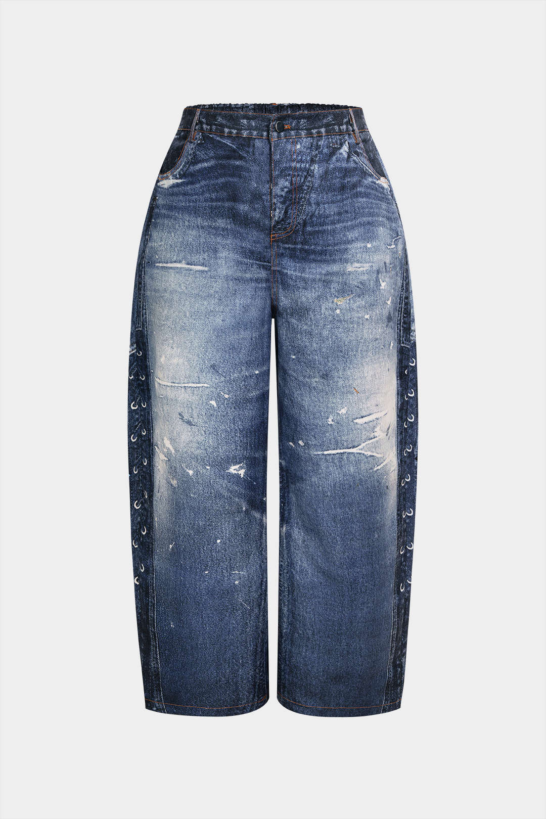 Plus Size Denim Print Asymmetrical Pants - Flockneti