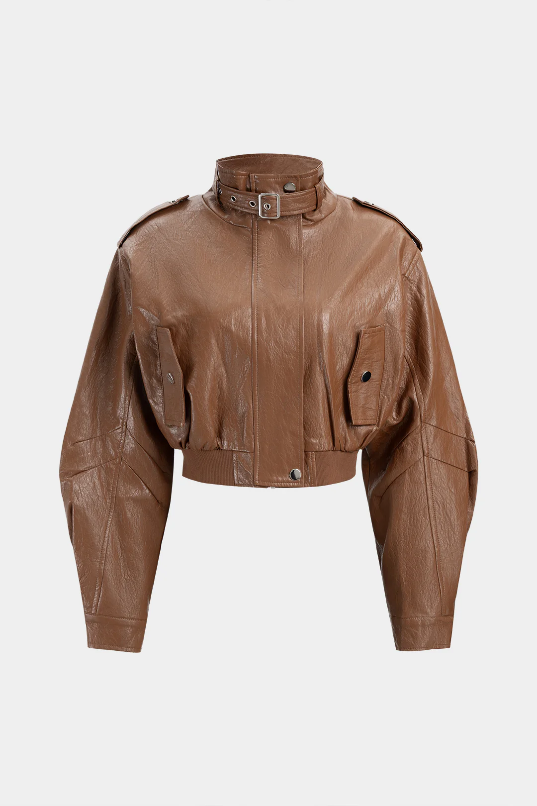 Faux Leather Stand Collar Cropped Jacket - Flockneti