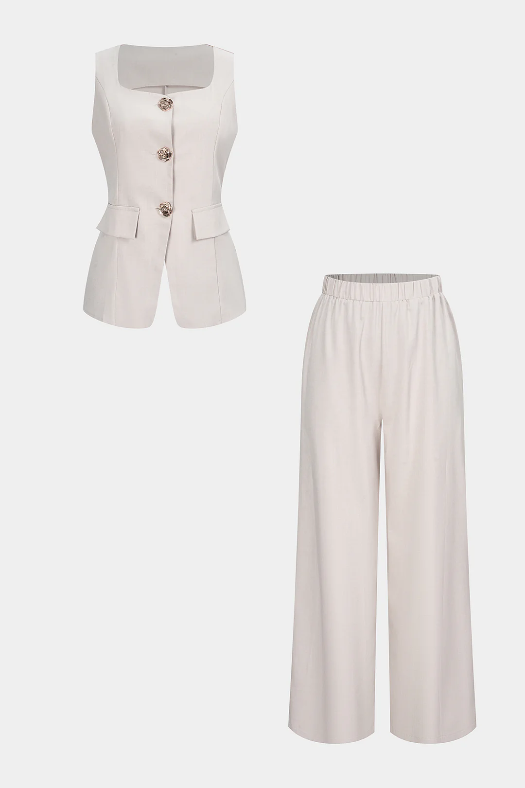 Square Neck Metallic Button Tank Top And Wide Leg Pants Set - Flockneti
