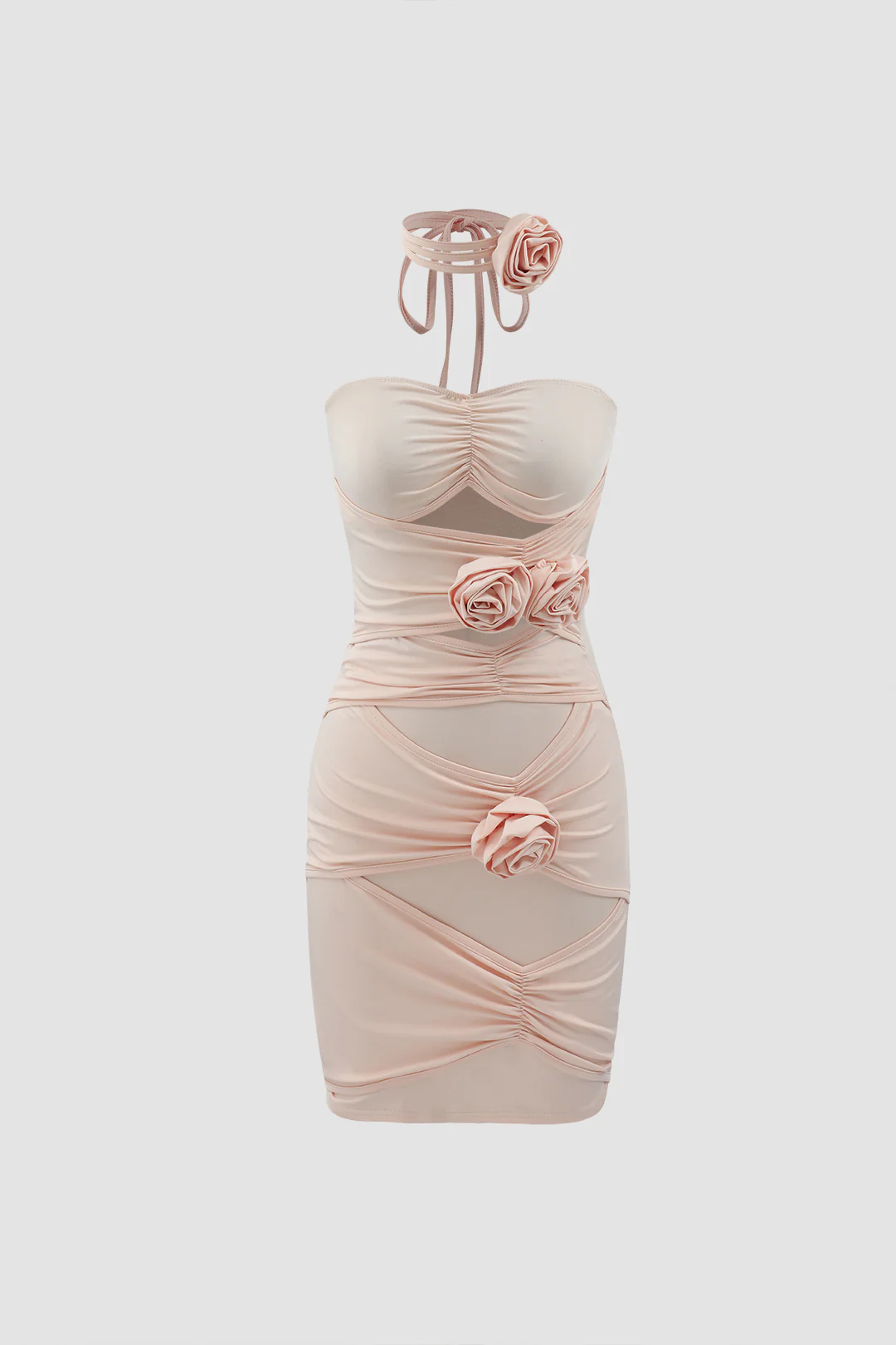3D Flower Decor Ruched Backless Cut Out Sleeveless Mini Dress With Scarf - Flockneti