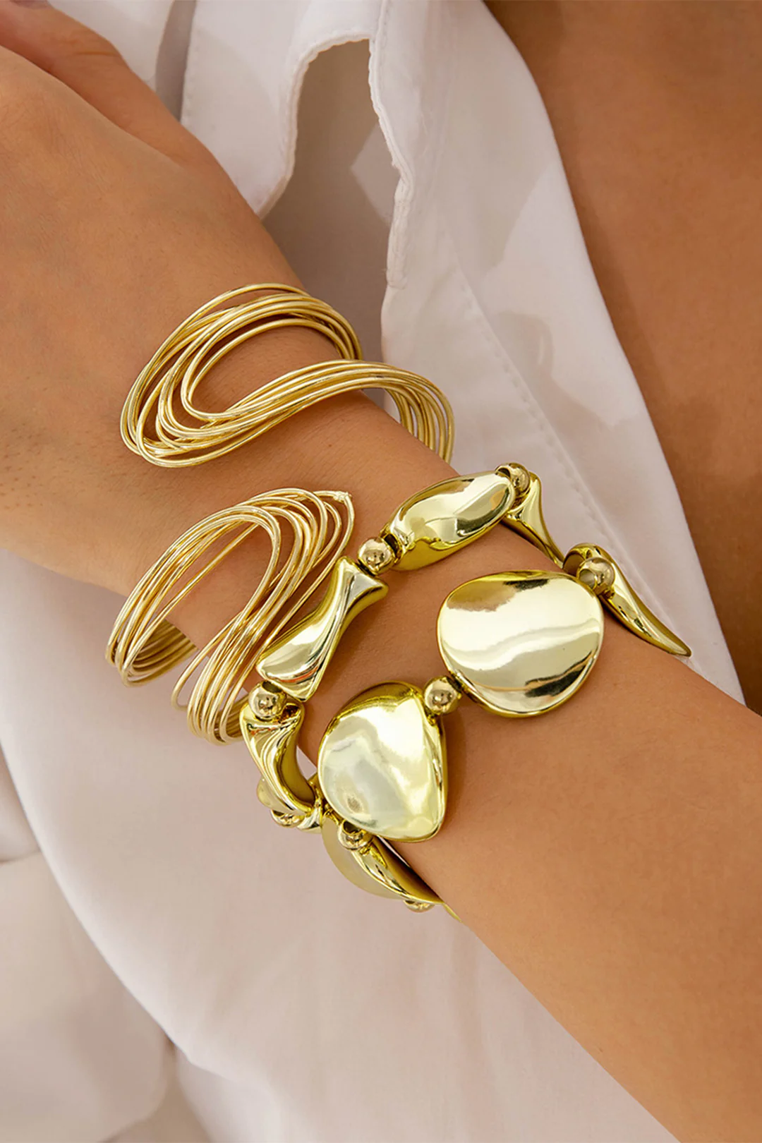 Metal Multilayer Geometric Open Wavy Beaded Bracelet - Flockneti