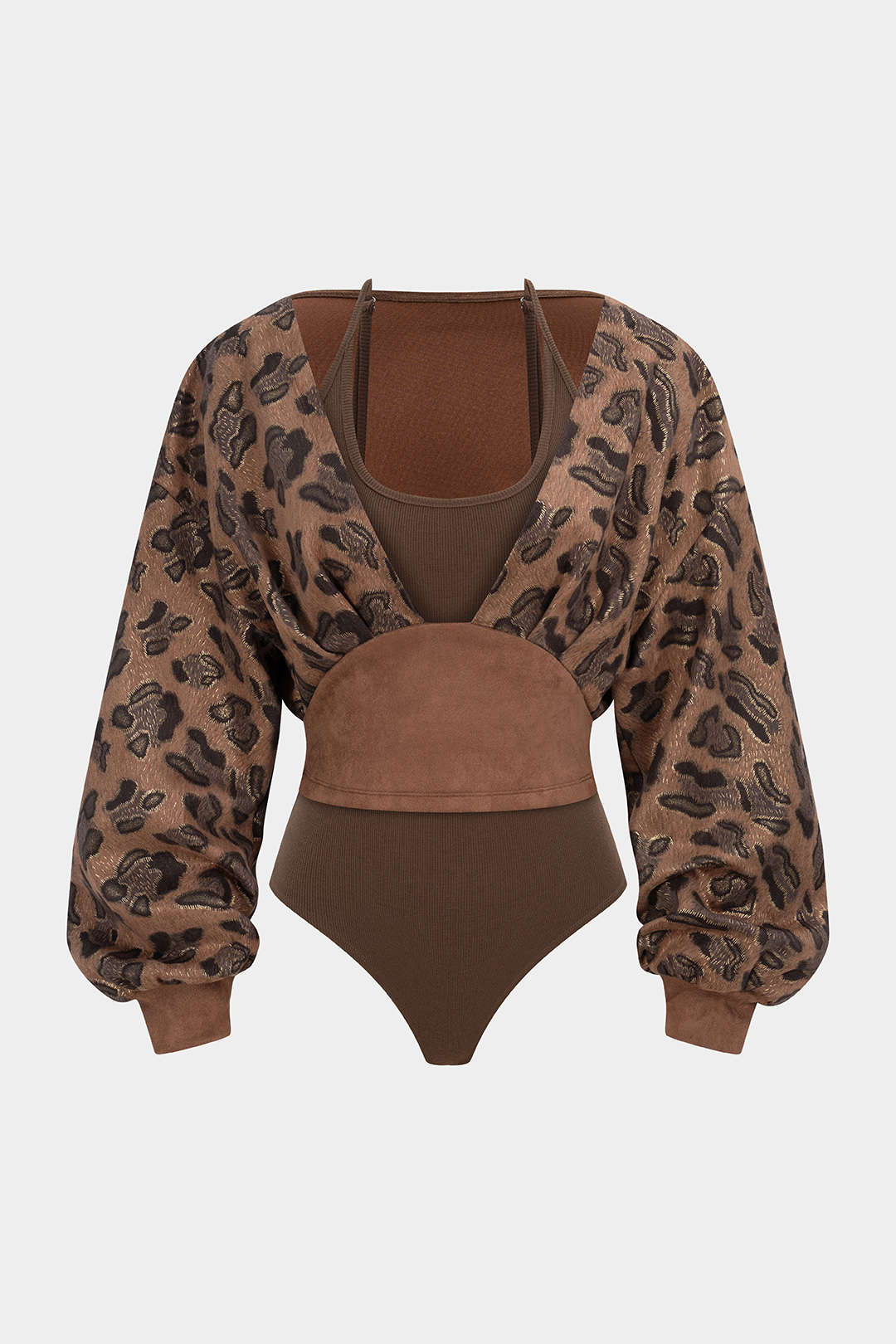 Leopard Print Suede Patchwork Halter Neck Long Sleeve Bodysuit - Flockneti