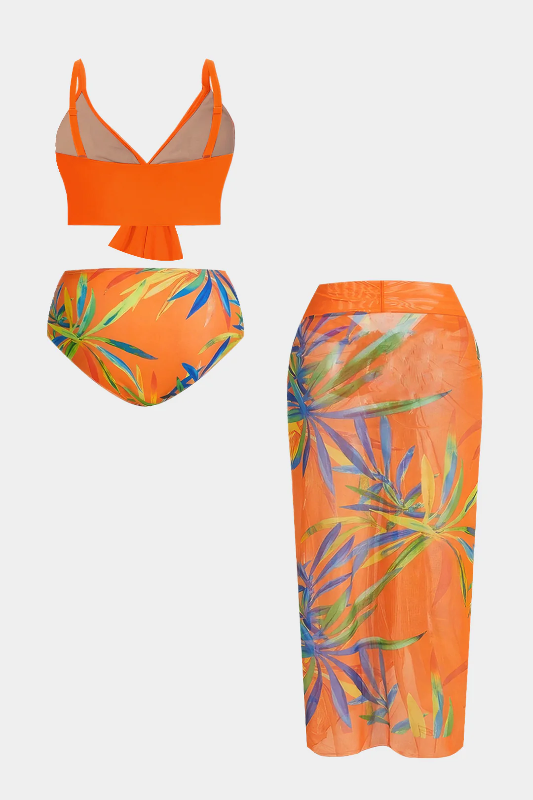 Plus Size 3D Floral Branches Print Knotted Bikini Set - Flockneti
