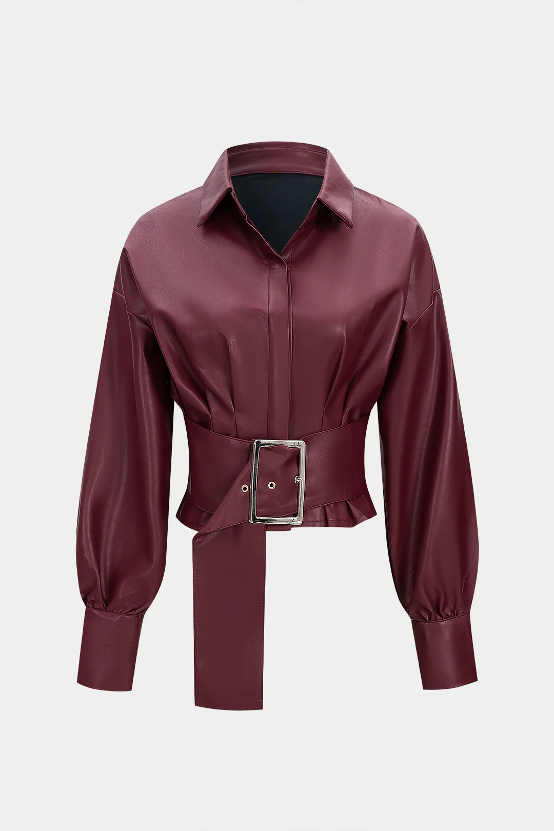 Faux Leather Pleated Belted Long-Sleeve Shirt - Flockneti