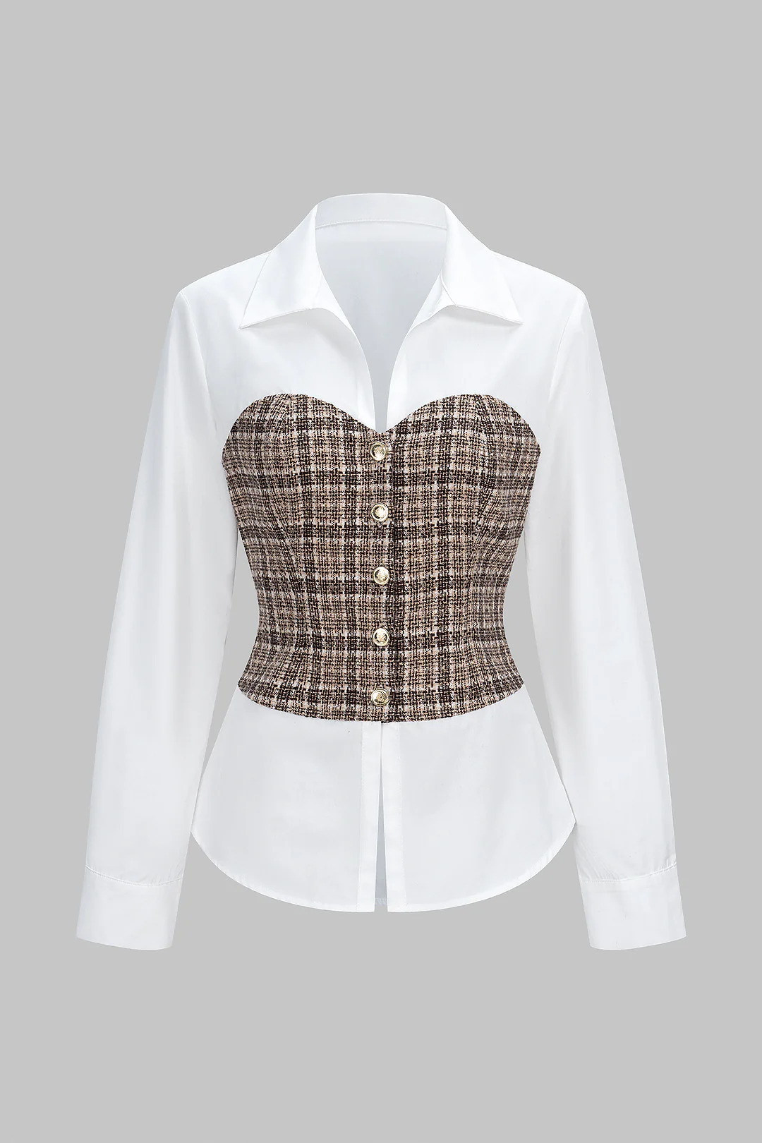 Tweed Plaid Print Patchwork Button Long-Sleeve Top - Flockneti