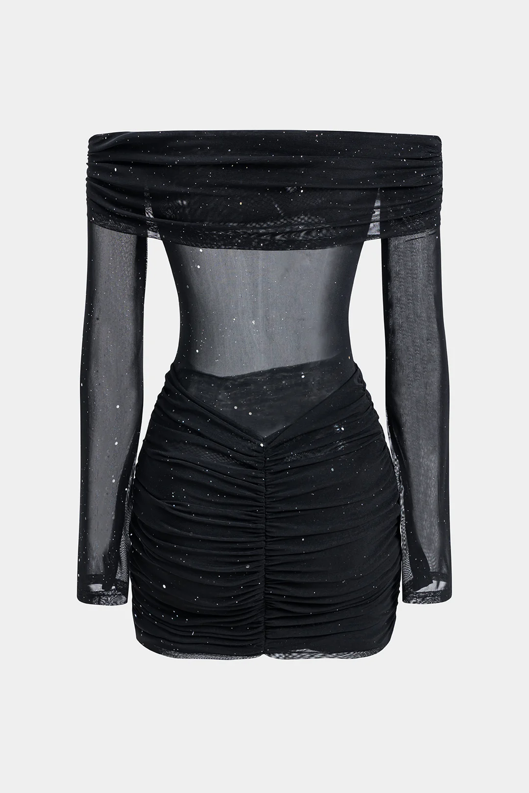 Off Shoulder Ruched Long Sleeve Mini Dress - Flockneti