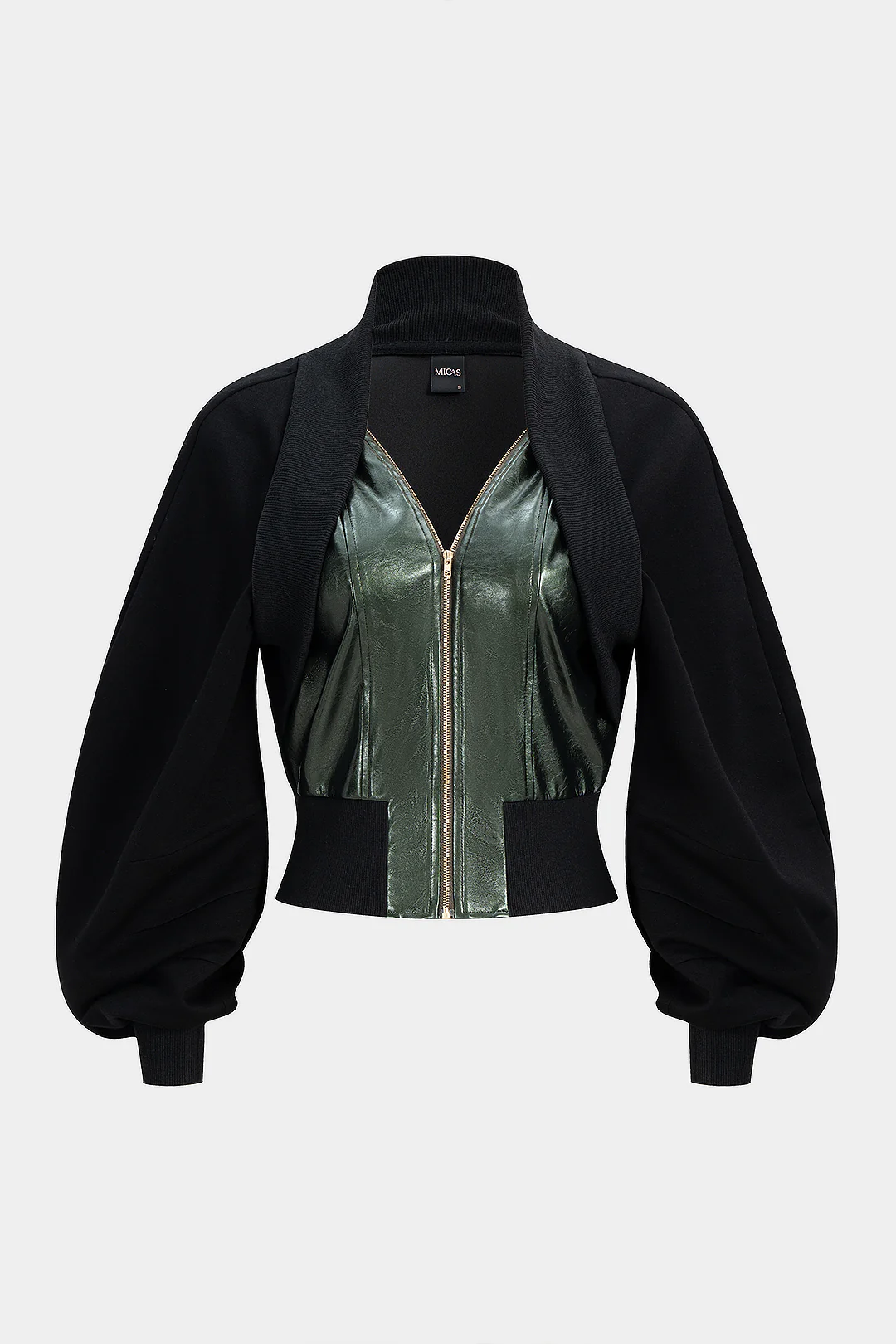Faux Leather Patchwork V-Neck Zipper Lantern Sleeve Jacket - Flockneti